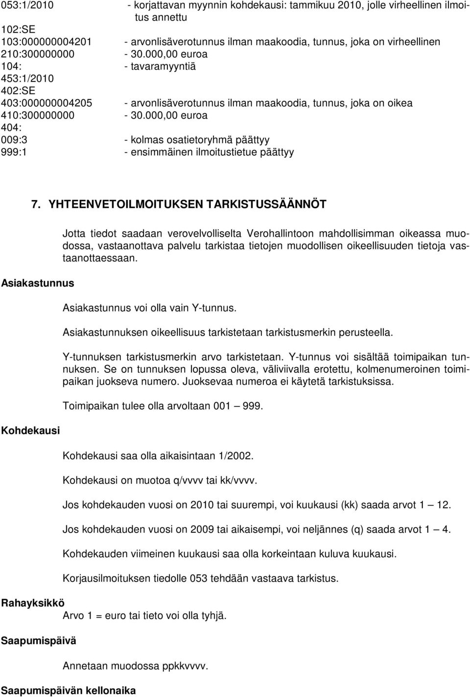 000,00 euroa 404: 009:3 - kolmas osatietoryhmä päättyy 999:1 - ensimmäinen ilmoitustietue päättyy 7.