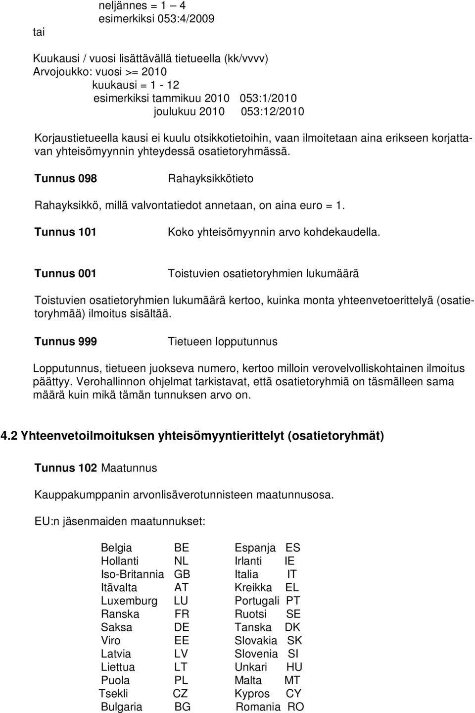 Tunnus 098 Rahayksikkötieto Rahayksikkö, millä valvontatiedot annetaan, on aina euro = 1. Tunnus 101 Koko yhteisömyynnin arvo kohdekaudella.