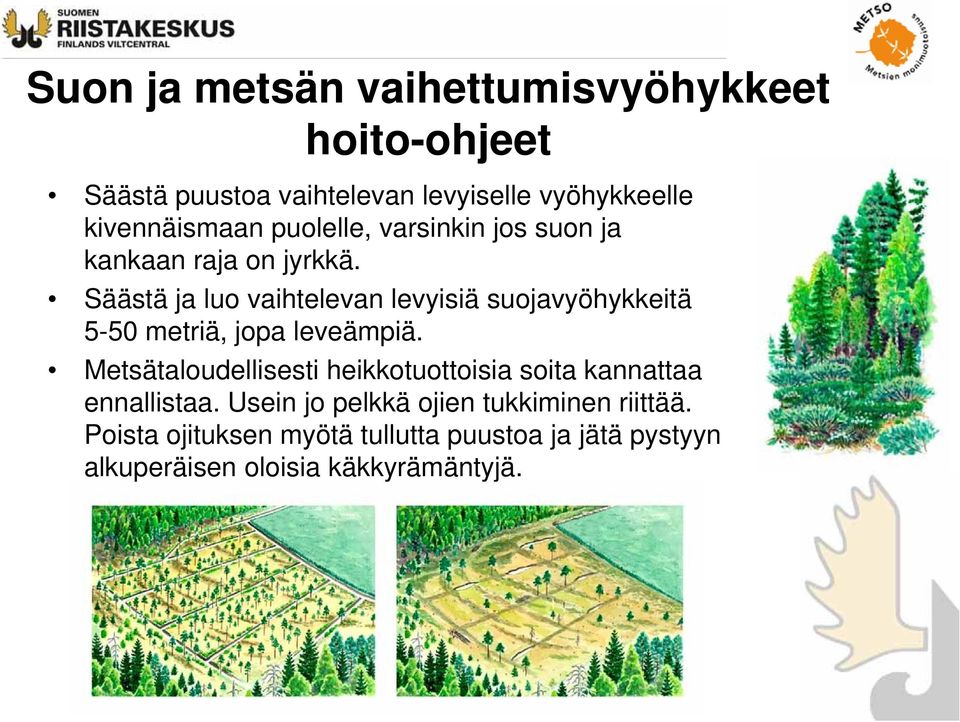 Säästä ja luo vaihtelevan levyisiä suojavyöhykkeitä 5-50 metriä, jopa leveämpiä.