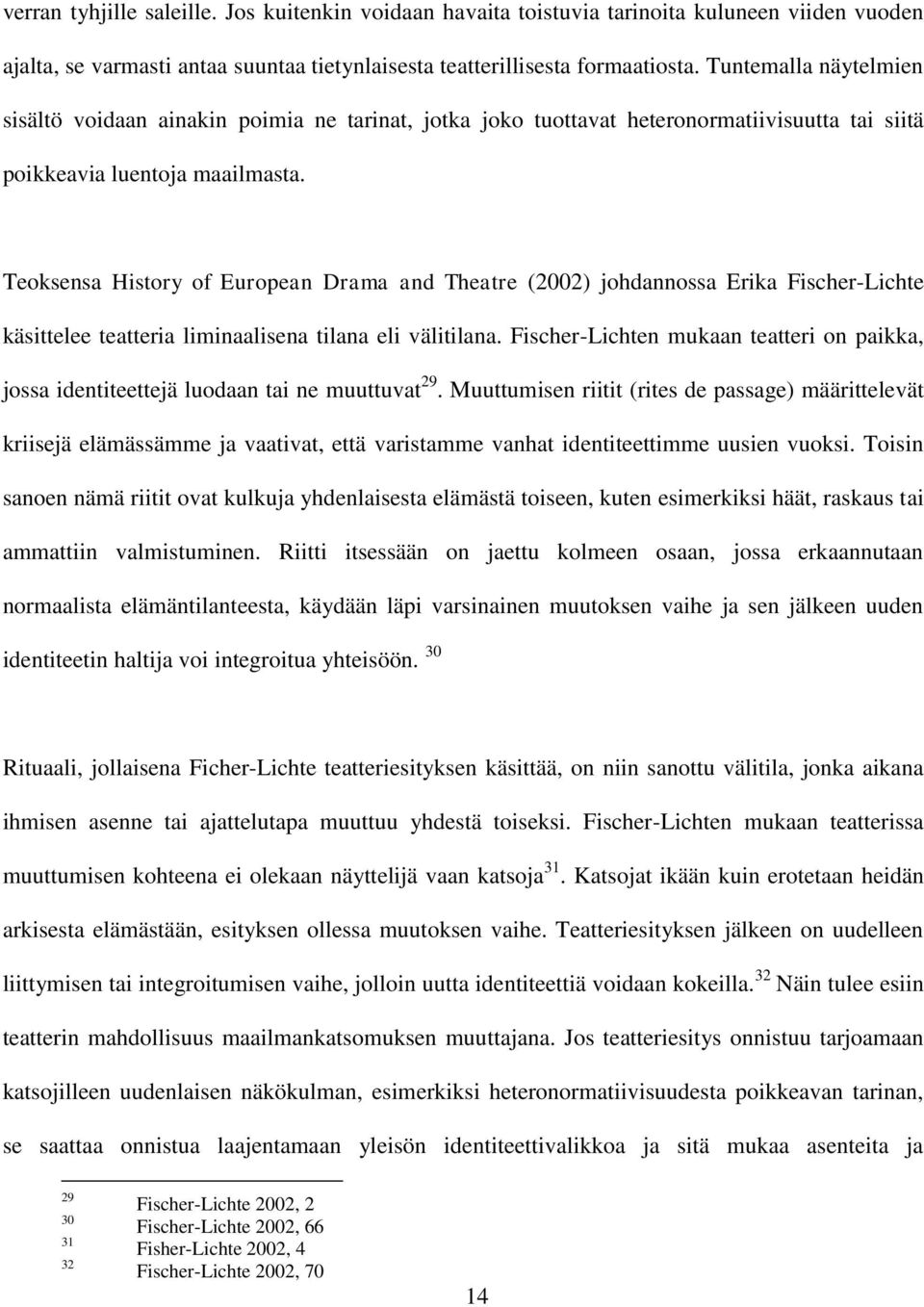 Teoksensa History of European Drama and Theatre (2002) johdannossa Erika Fischer-Lichte käsittelee teatteria liminaalisena tilana eli välitilana.