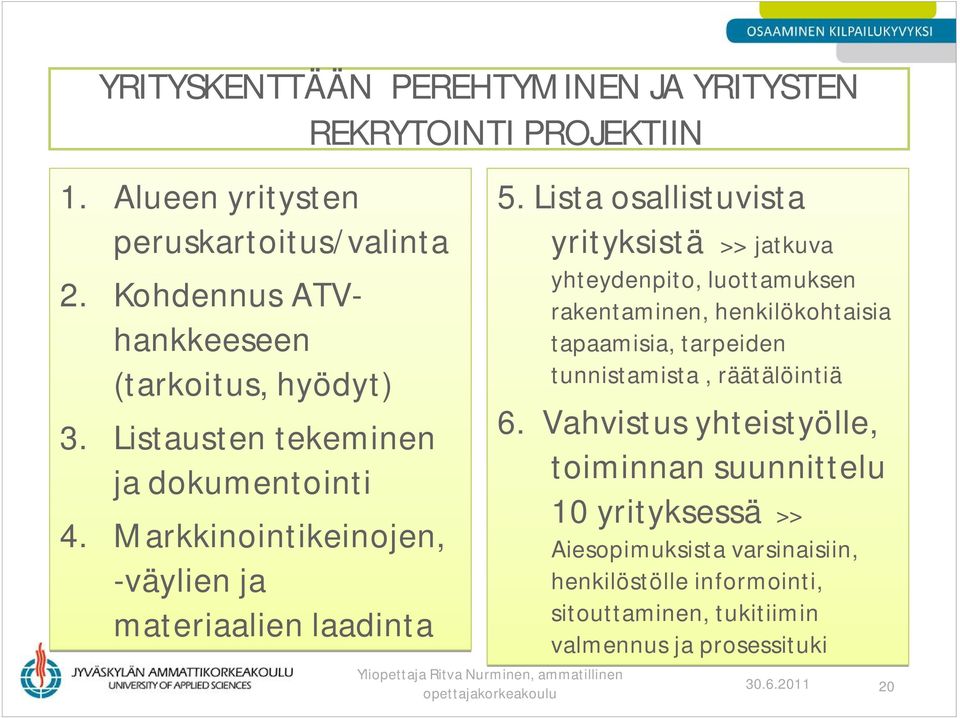 Lista osallistuvista yrityksistä >> jatkuva yhteydenpito, luottamuksen rakentaminen, henkilökohtaisia tapaamisia, tarpeiden tunnistamista,