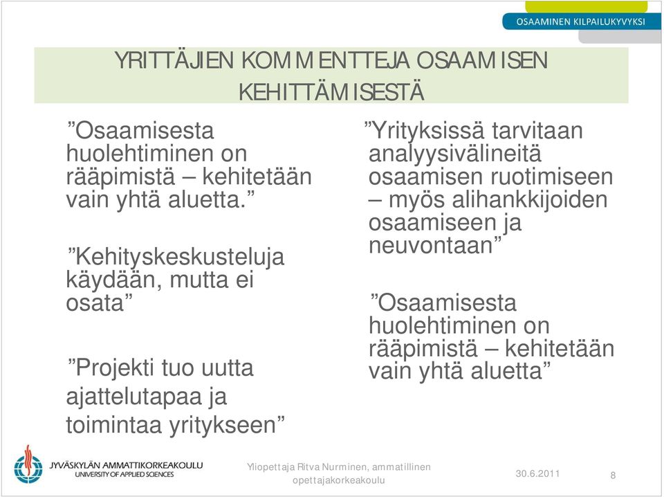 Kehityskeskusteluja käydään, mutta ei osata Projekti tuo uutta ajattelutapaa ja toimintaa yritykseen