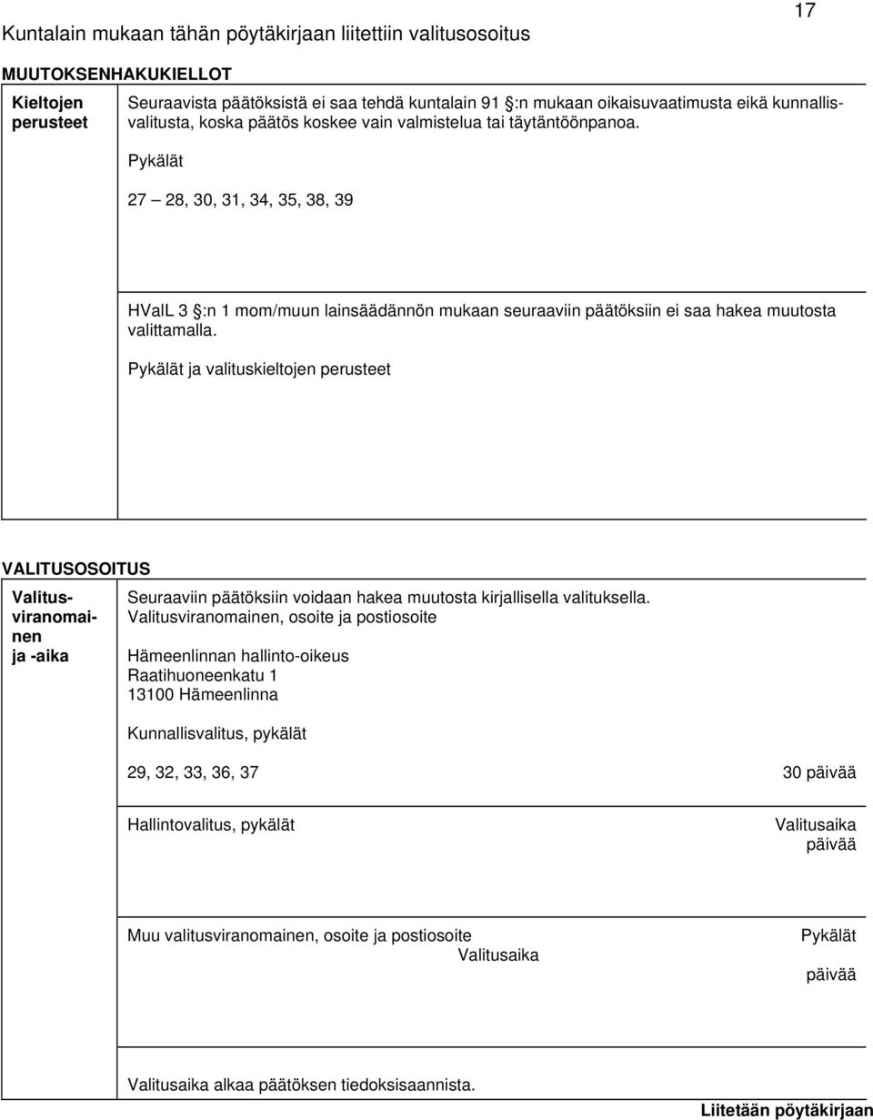 Pykälät 27 28, 30, 31, 34, 35, 38, 39 HValL 3 :n 1 mom/muun lainsäädännön mukaan seuraaviin päätöksiin ei saa hakea muutosta valittamalla.