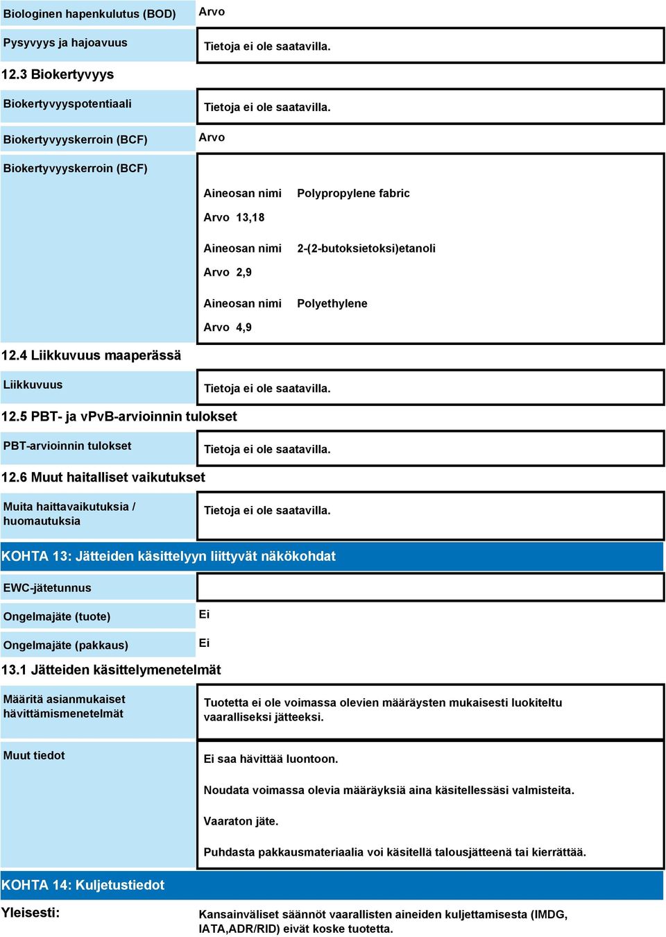 Polyethylene Arvo 4,9 12.4 Liikkuvuus maaperässä Liikkuvuus 12.5 PBT- ja vpvb-arvioinnin tulokset PBT-arvioinnin tulokset 12.