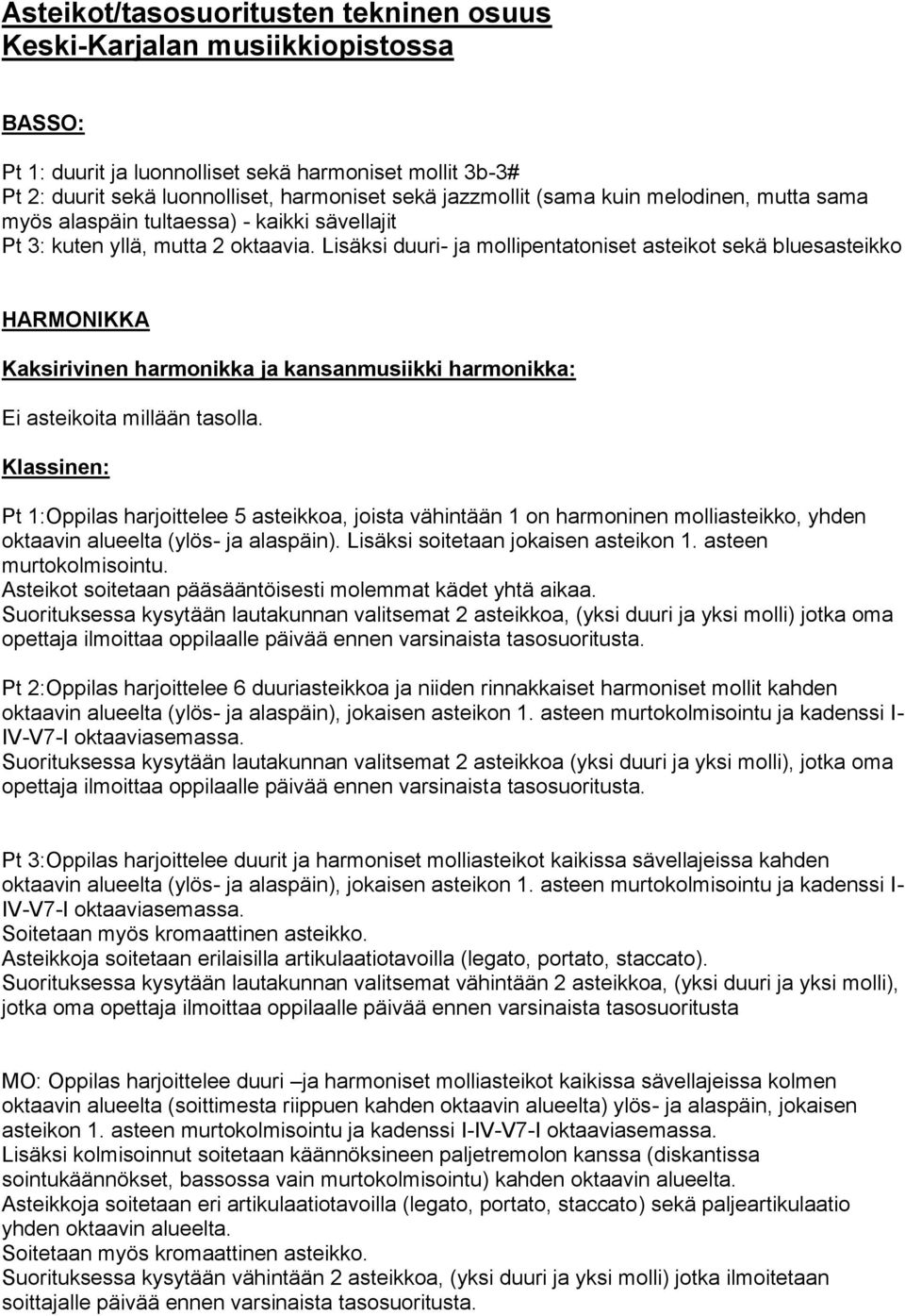 Lisäksi duuri- ja mollipentatoniset asteikot sekä bluesasteikko HARMONIKKA Kaksirivinen harmonikka ja kansanmusiikki harmonikka: Ei asteikoita millään tasolla.