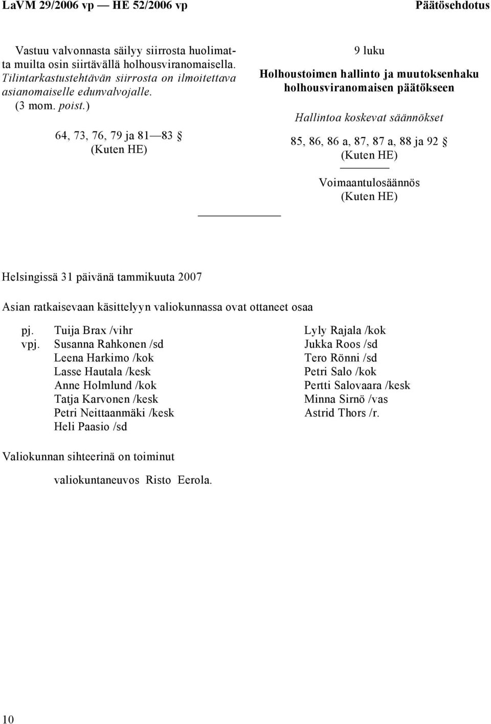 ) 64, 73, 76, 79 ja 81 83 9 luku Holhoustoimen hallinto ja muutoksenhaku holhousviranomaisen päätökseen Hallintoa koskevat säännökset 85, 86, 86 a, 87, 87 a, 88 ja 92 Voimaantulosäännös Helsingissä