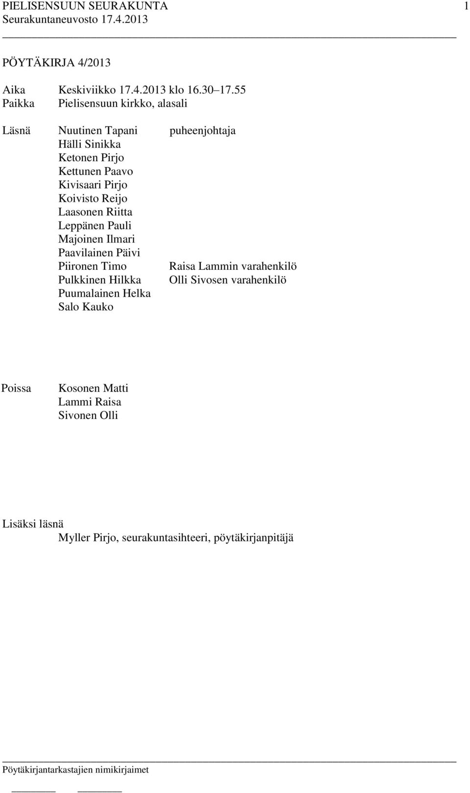 Kivisaari Pirjo Koivisto Reijo Laasonen Riitta Leppänen Pauli Majoinen Ilmari Paavilainen Päivi Piironen Timo Raisa Lammin