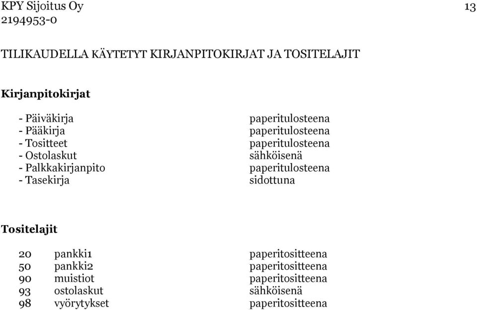 - Palkkakirjanpito paperitulosteena - Tasekirja sidottuna Tositelajit 20 pankki1 paperitositteena