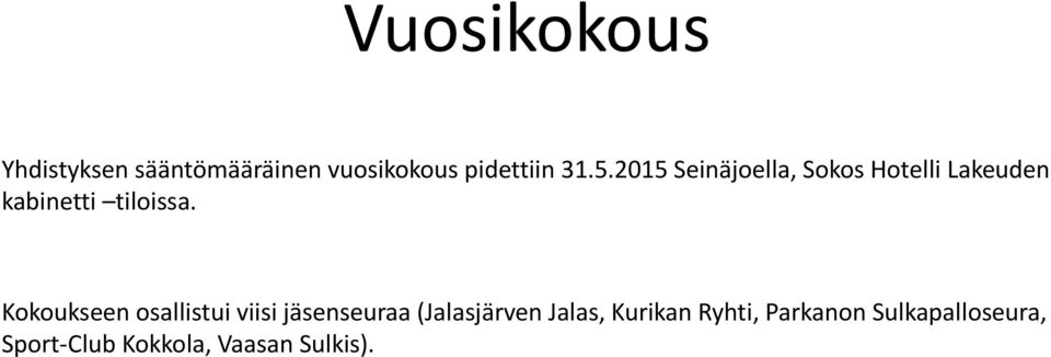 Kokoukseen osallistui viisi jäsenseuraa (Jalasjärven Jalas,