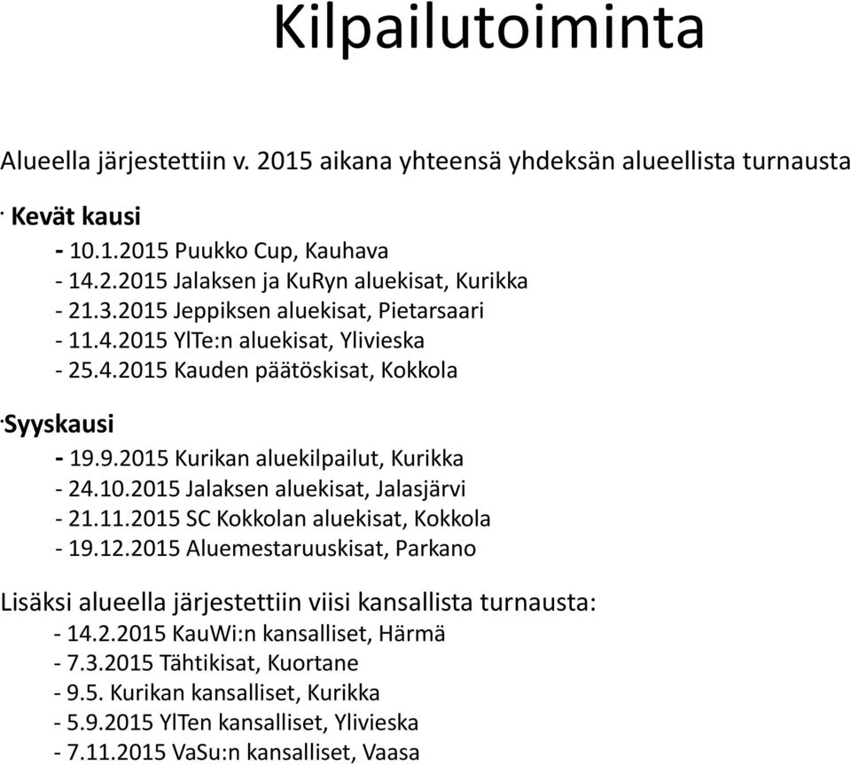 2015 Jalaksen aluekisat, Jalasjärvi - 21.11.2015 SC Kokkolan aluekisat, Kokkola - 19.12.