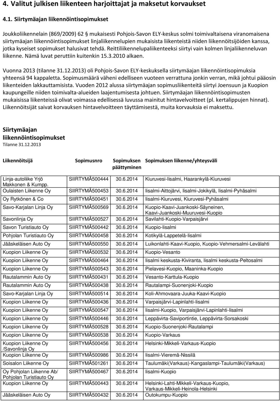 mukaisista liikenteistä niiden liikennöitsijöiden kanssa, jotka kyseiset sopimukset halusivat tehdä. Reittiliikennelupaliikenteeksi siirtyi vain kolmen linjaliikenneluvan liikenne.