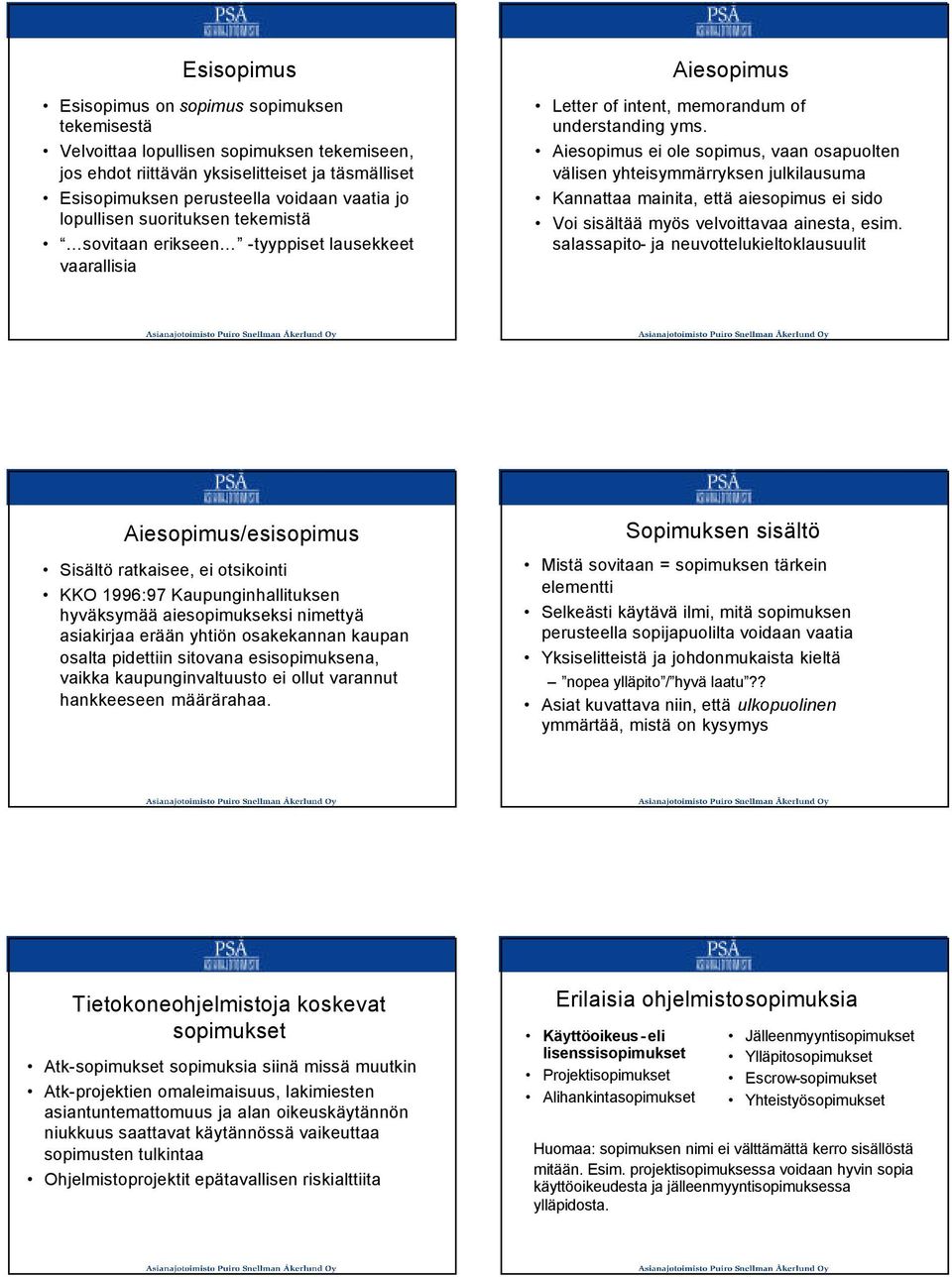 Aiesopimus ei ole sopimus, vaan osapuolten välisen yhteisymmärryksen julkilausuma Kannattaa mainita, että aiesopimus ei sido Voi sisältää myös velvoittavaa ainesta, esim.