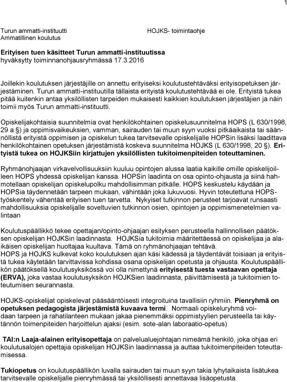 Erityistä tukea pitää kuitenkin antaa yksilöllisten tarpeiden mukaisesti kaikkien koulutuksen järjestäjien ja näin toimii myös Turun ammatti-instituutti.