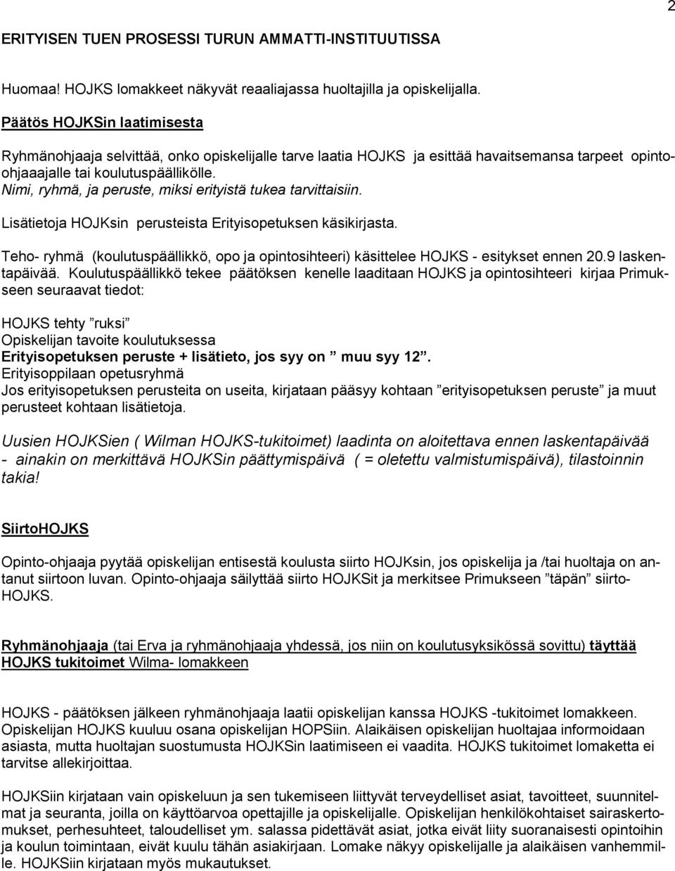 Nimi, ryhmä, ja peruste, miksi erityistä tukea tarvittaisiin. Lisätietoja HOJKsin perusteista Erityisopetuksen käsikirjasta.