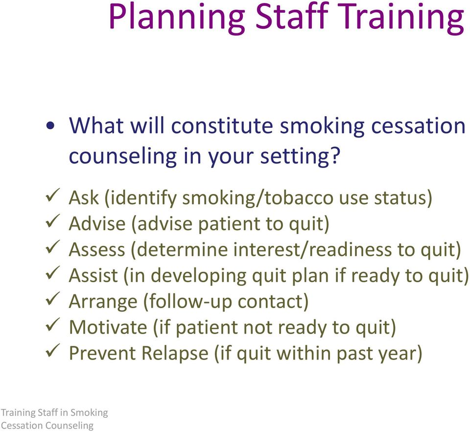 interest/readiness to quit) Assist (in developing quit plan if ready to quit) Arrange (follow-up