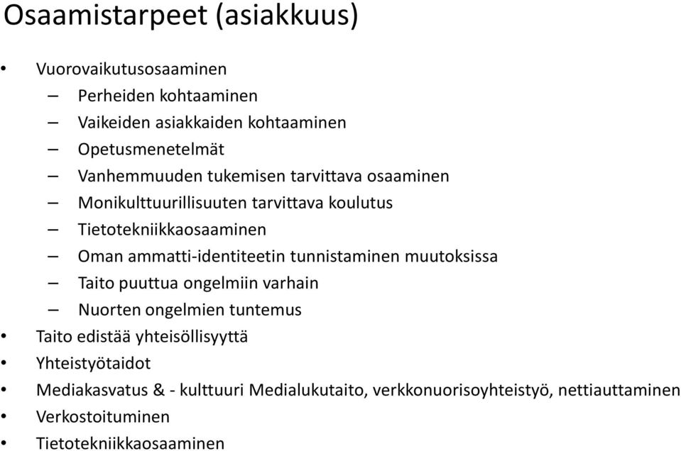 ammatti-identiteetin tunnistaminen muutoksissa Taito puuttua ongelmiin varhain Nuorten ongelmien tuntemus Taito edistää