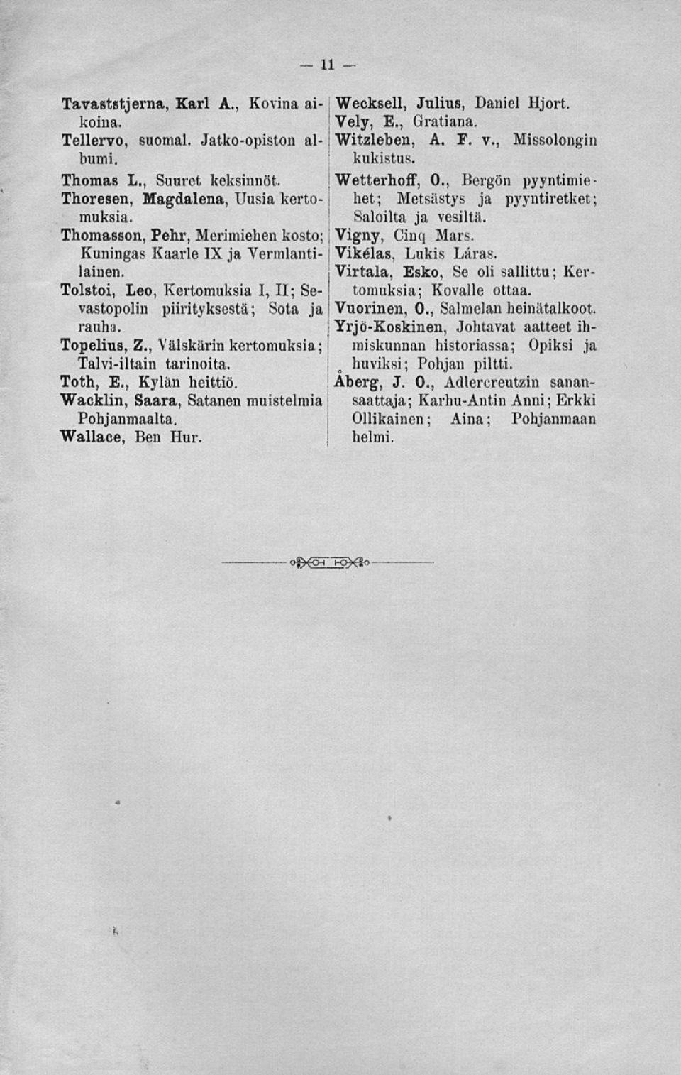 Wacklin, Saara, Satanen muistelmia Pohjanmaalta. Wallace, Ben Hur. Weckseil, Julius, Daniel Hjort. Vei?, E., Gratiana. Witzleben, A. F. v., Missolongin kukistus. Wetterhoff, 0.