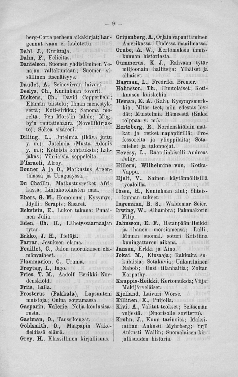 , Kuninkaan Hahnsson, toverit. Th., Huutolaiset; Kotikuusen kuiskehia. Dickens, Oli., David Copperfield; Elämän taistelu; Ilman menestyksettä; Koti-sirkka; Sanoina me- Heman, K. A.