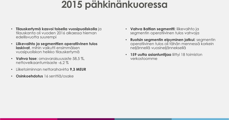 -6,2 % Liiketoiminnan nettorahavirta 9,3 MEUR Osinkoehdotus 16 senttiä/osake Vahva Baltian segmentti: liikevaihto ja segmentin operatiivinen tulos vahvoja Ruotsin