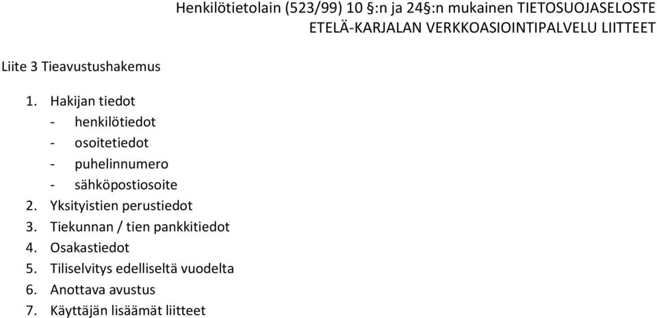 2. Yksityistien perustiedot 3. Tiekunnan / tien pankkitiedot 4.