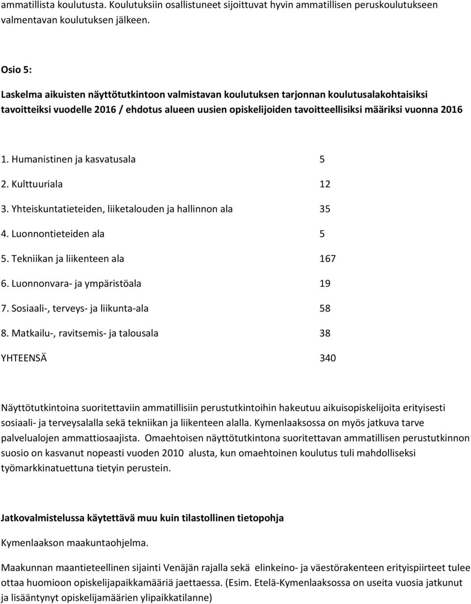 vuonna 2016 1. Humanistinen ja kasvatusala 5 2. Kulttuuriala 12 3. Yhteiskuntatieteiden, liiketalouden ja hallinnon ala 35 4. Luonnontieteiden ala 5 5. Tekniikan ja liikenteen ala 167 6.