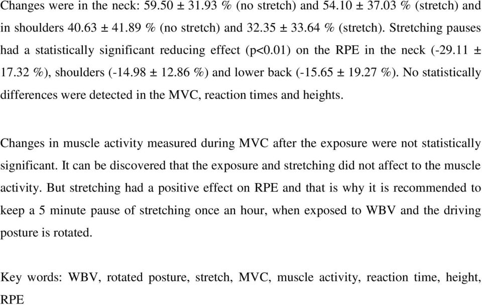 No statistically differences were detected in the MVC, reaction times and heights. Changes in muscle activity measured during MVC after the exposure were not statistically significant.