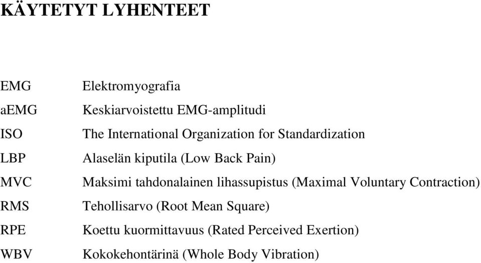 Pain) Maksimi tahdonalainen lihassupistus (Maximal Voluntary Contraction) Tehollisarvo (Root