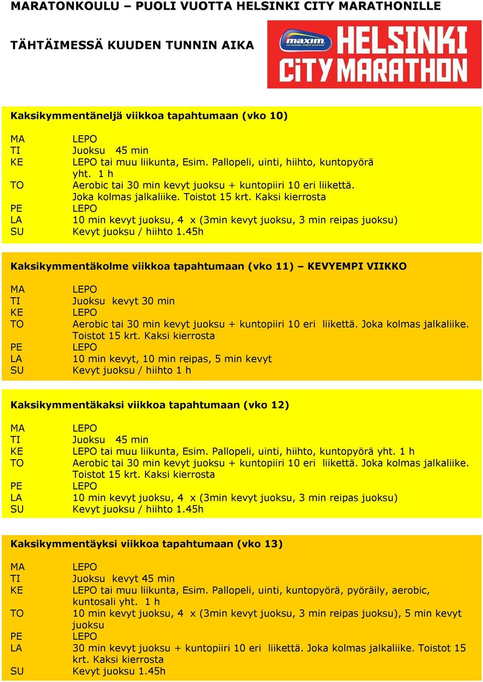 Toistot 15 10 min kevyt juoksu, 4 x (3min kevyt juoksu, 3 min reipas juoksu) Kevyt juoksu / hiihto 1.