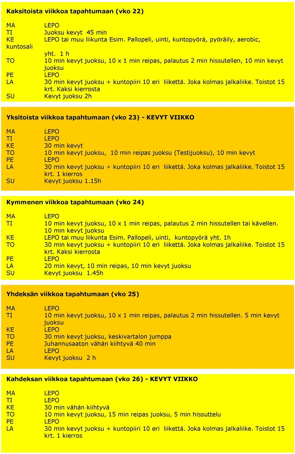 Toistot 15 Kevyt juoksu 2h Yksitoista viikkoa tapahtumaan (vko 23) - VYT VIIKKO 30 min kevyt 10 min kevyt juoksu, 10 min reipas juoksu (Testijuoksu), 10 min kevyt 30 min kevyt juoksu + kuntopiiri 10