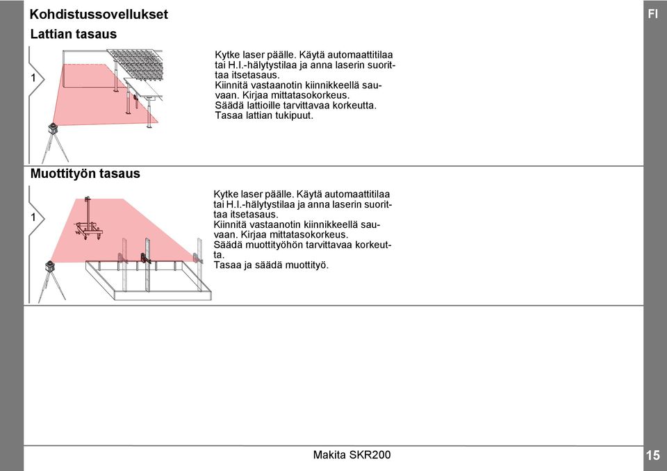 Muottityön tasaus.. 0.0 0.9 09...0 0.9.. 0.0 0.9 Kytke laser päälle. Käytä automaattitilaa tai H.I.-hälytystilaa ja anna laserin suorittaa itsetasaus.