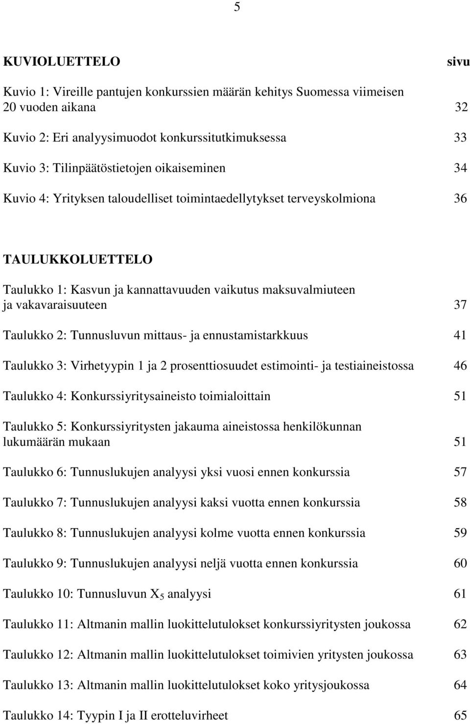 2: Tunnusluvun mittaus- ja ennustamistarkkuus 41 Taulukko 3: Virhetyypin 1 ja 2 prosenttiosuudet estimointi- ja testiaineistossa 46 Taulukko 4: Konkurssiyritysaineisto toimialoittain 51 Taulukko 5: