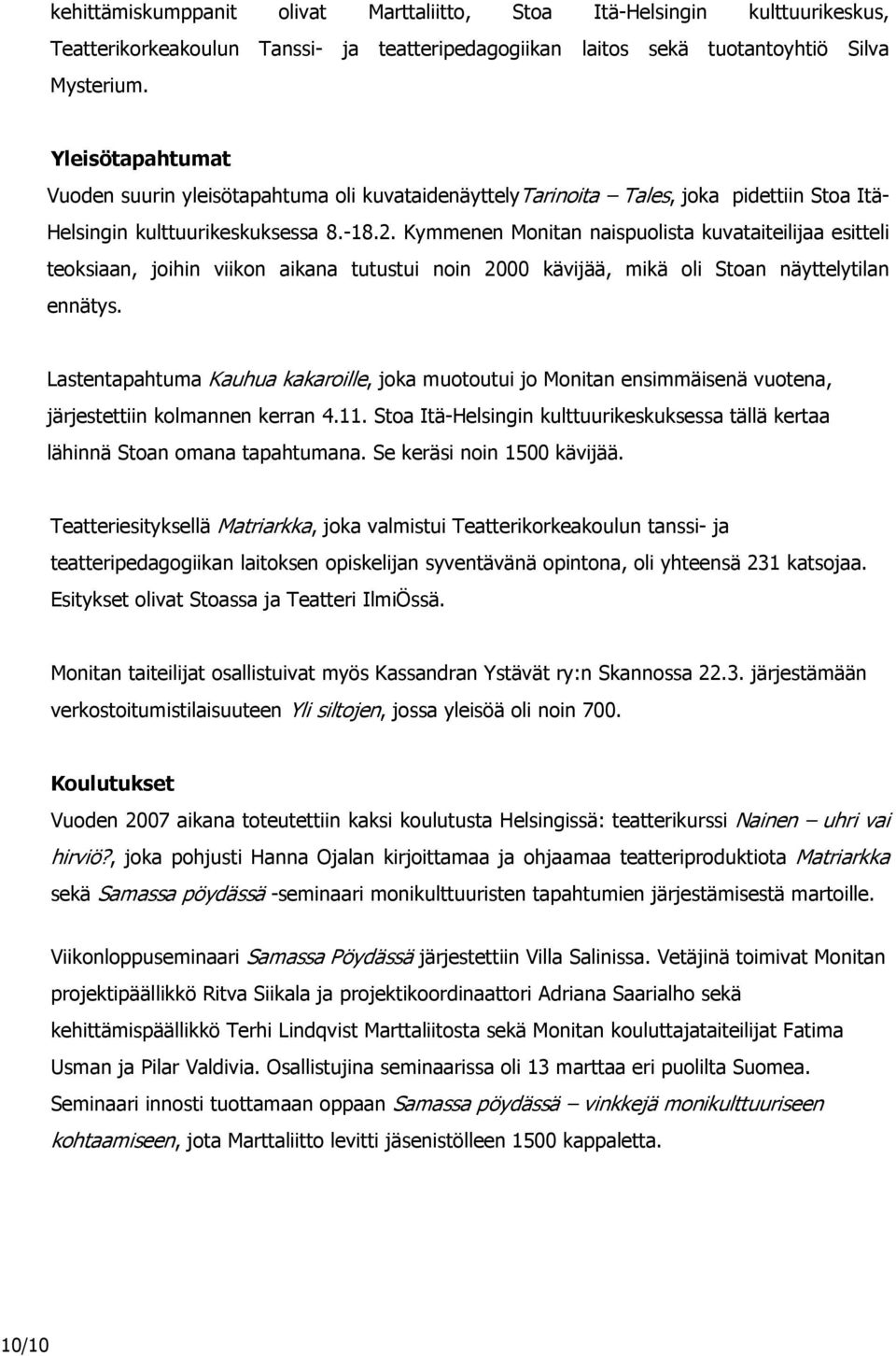 Kymmenen Monitan naispuolista kuvataiteilijaa esitteli teoksiaan, joihin viikon aikana tutustui noin 2000 kävijää, mikä oli Stoan näyttelytilan ennätys.