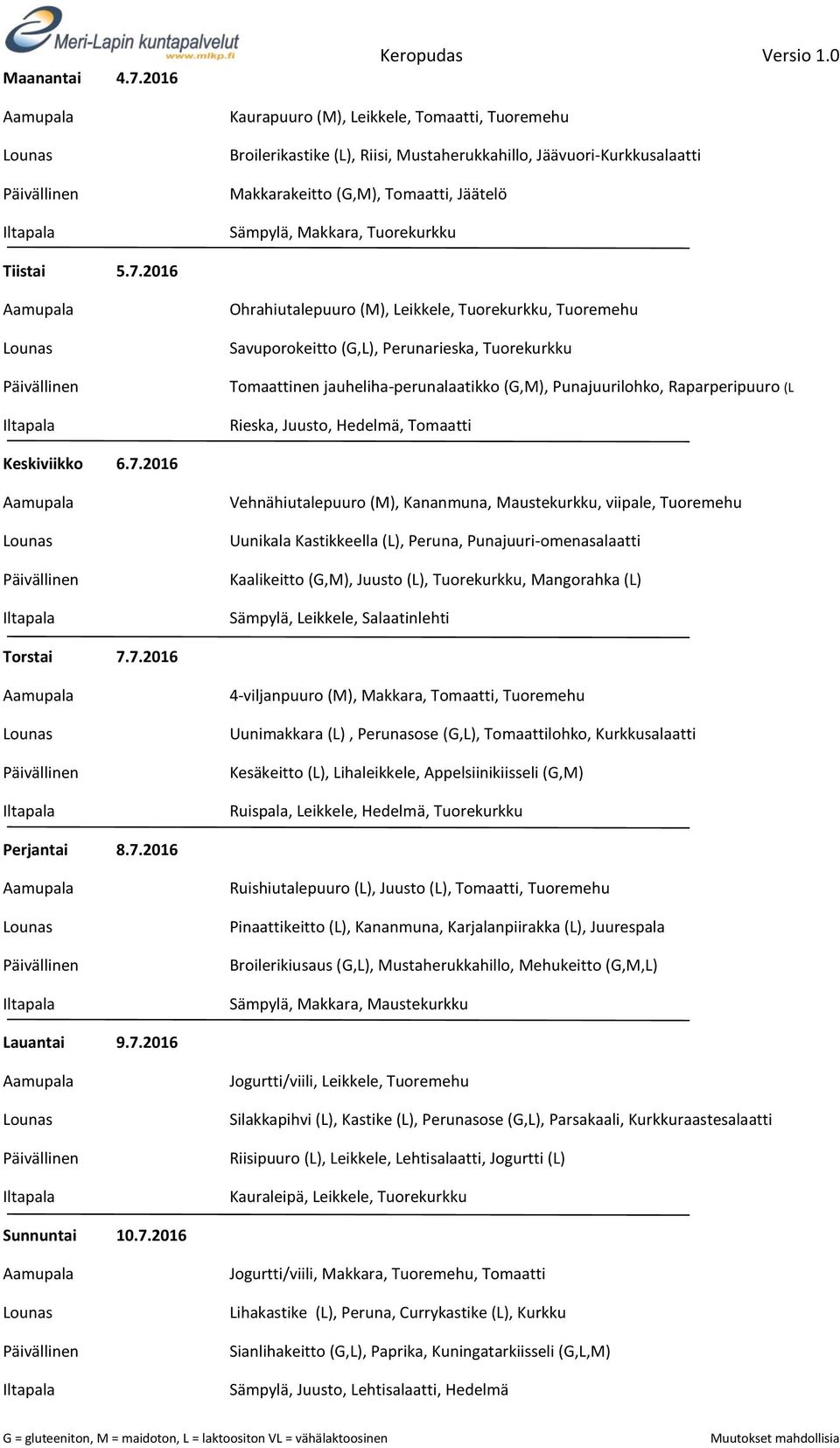 2016 Ohrahiutalepuuro (M), Leikkele, Tuorekurkku, Tuoremehu Savuporokeitto (G,L), Perunarieska, Tuorekurkku Tomaattinen jauheliha-perunalaatikko (G,M), Punajuurilohko, Raparperipuuro (L Keskiviikko 6.