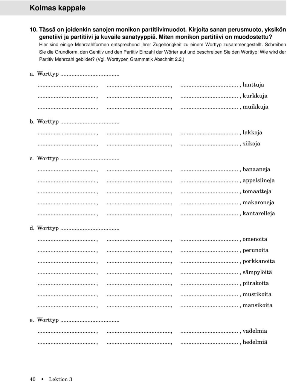 Schreiben Sie die Grundform, den Genitiv und den Partitiv Einzahl der Wörter auf und beschreiben Sie den Worttyp! Wie wird der Partitiv Mehrzahl gebildet? (Vgl. Worttypen Grammatik Abschnitt 2.2.) a.