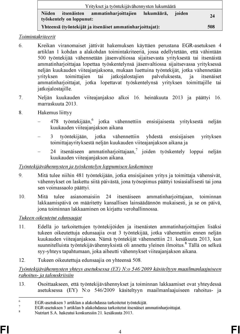 Kreikan viranomaiset jättivät hakemuksen käyttäen perustana EGR-asetuksen 4 artiklan 1 kohdan a alakohdan toimintakriteeriä, jossa edellytetään, että vähintään 500 työntekijää vähennetään