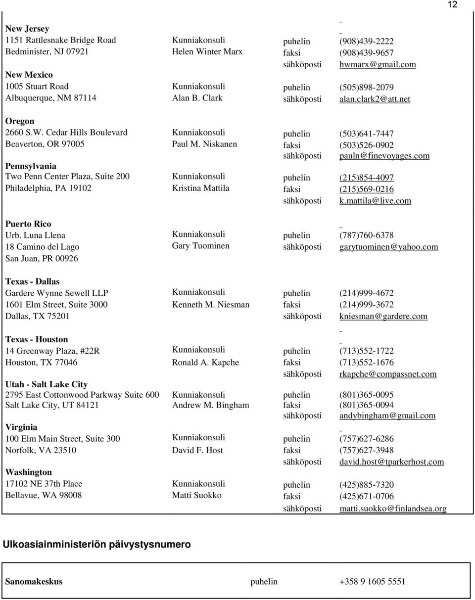 Cedar Hills Boulevard Kunniakonsuli puhelin (503)641-7447 Beaverton, OR 97005 Paul M. Niskanen faksi (503)526-0902 sähköposti pauln@finevoyages.