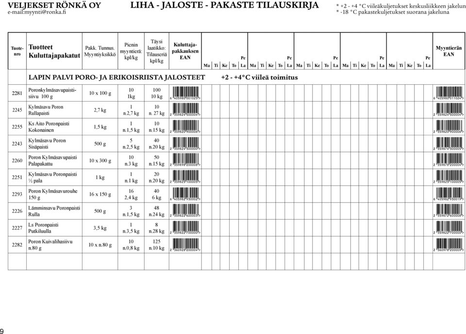 27 kg 2255 Ks Aito Poronpaisti Kokonainen,5 kg n.,5 kg 0 n.5 kg 22 Kylmäsavu Poron Sisäpaisti 500 g 5 n.2,5 kg 0 2 Poron Kylmäsavupaisti Palapakattu 0 x 00 g 0 n. kg 50 n.