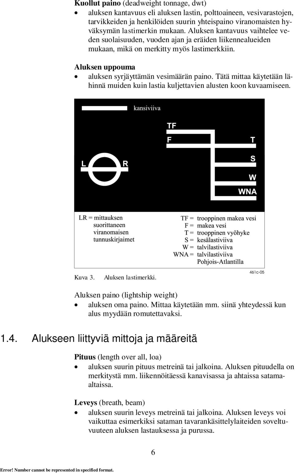 Tätä mittaa käytetään lähinnä muiden kuin lastia kuljettavien alusten koon kuvaamiseen. Kuva 3. Aluksen lastimerkki. Aluksen paino (lightship weight) aluksen oma paino. Mittaa käytetään mm.