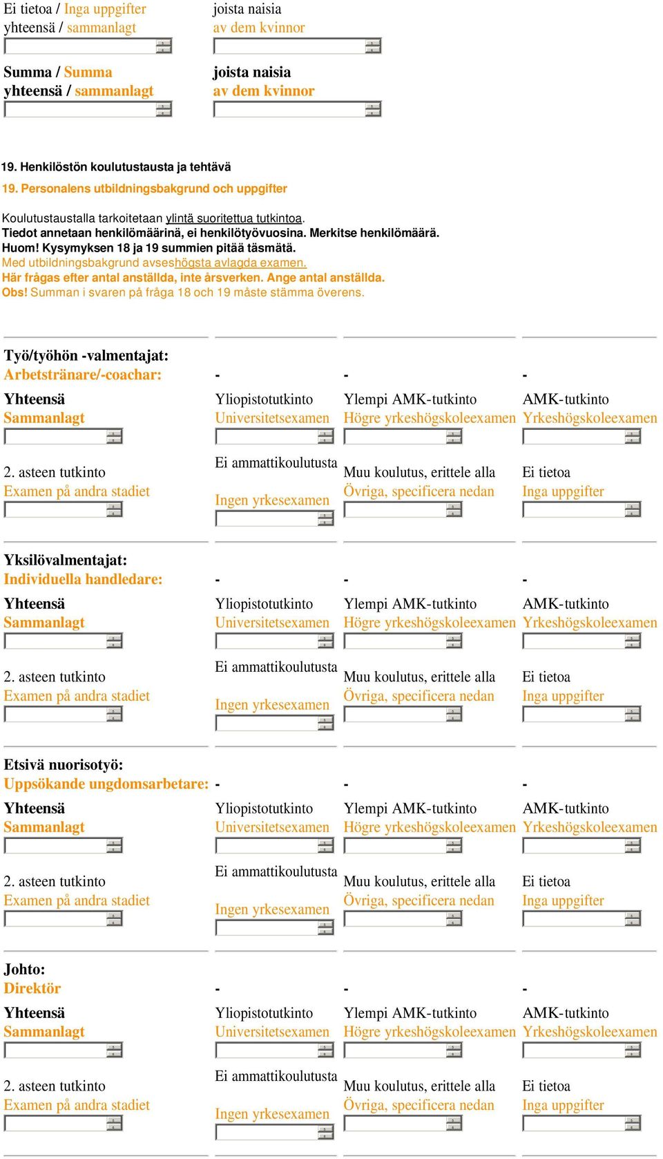Här frågas efter antal anställda, inte årsverken. Ange antal anställda. Obs! Summan i svaren på fråga 18 och 19 måste stämma överens.