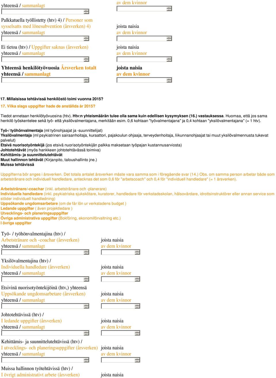 Htv:n yhteismäärän tulee olla sama kuin edellisen kysymyksen (1.) vastauksessa. Huomaa, että jos sama henkilö työskentelee sekä työ- että yksilövalmentajana, merkitään esim.