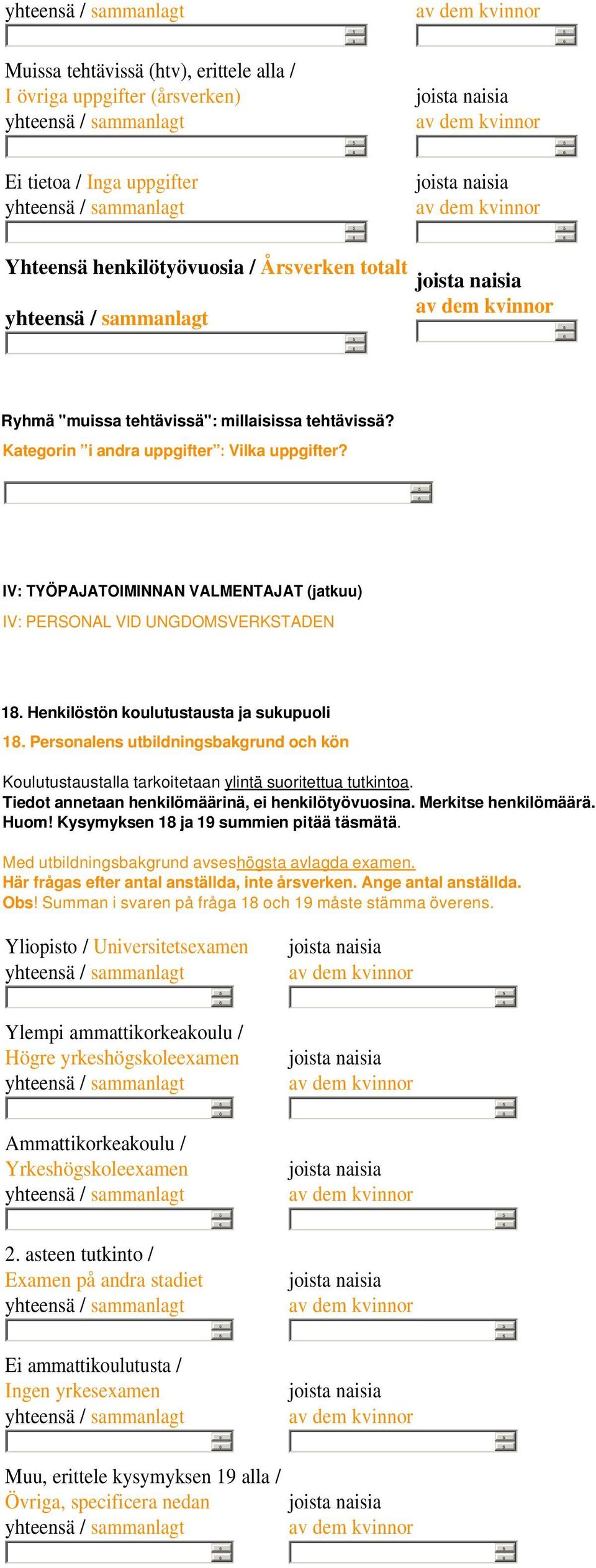 Personalens utbildningsbakgrund och kön Koulutustaustalla tarkoitetaan ylintä suoritettua tutkintoa. Tiedot annetaan henkilömäärinä, ei henkilötyövuosina. Merkitse henkilömäärä. Huom!