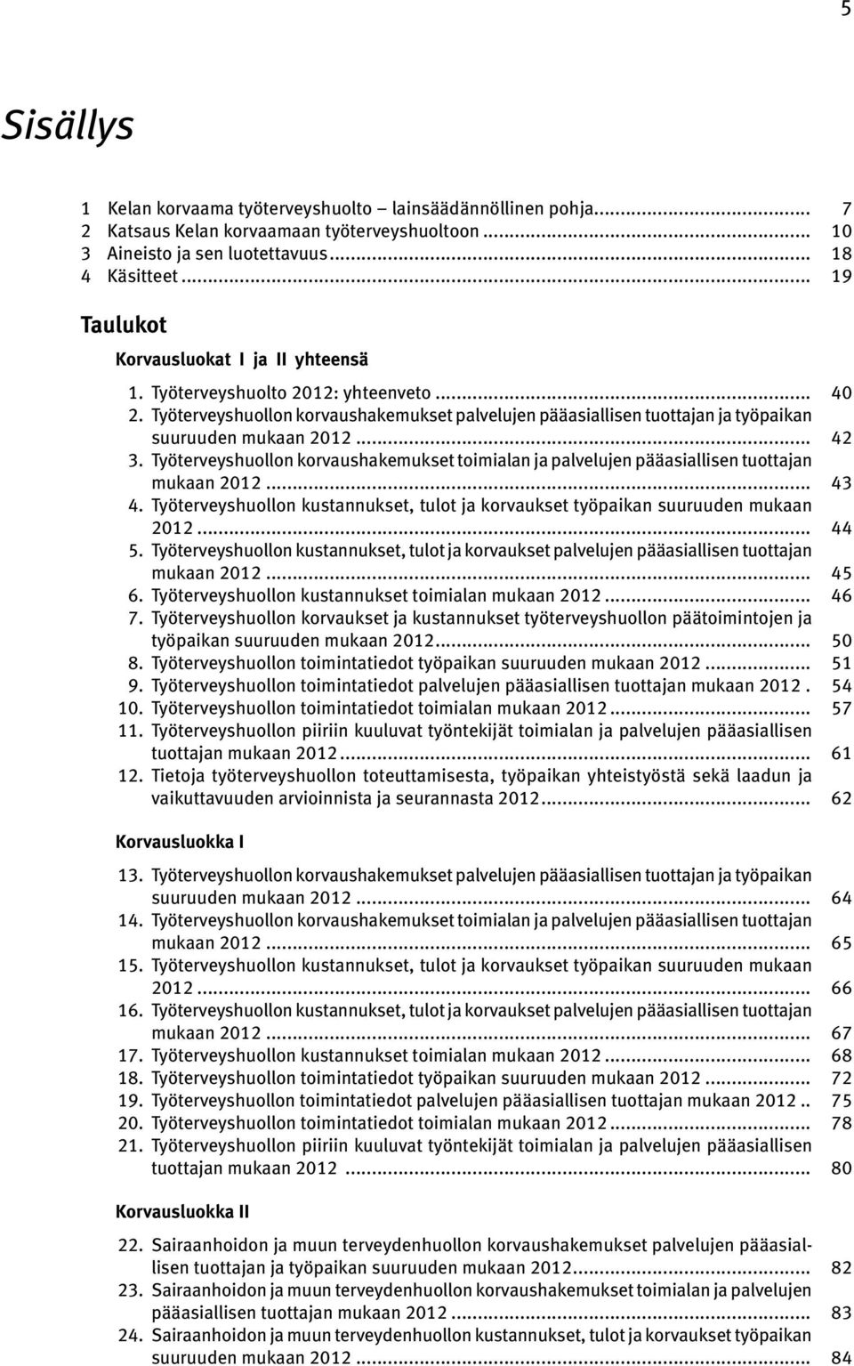 .. 42 3. Työterveyshuollon korvaushakemukset toimialan ja palvelujen pääasiallisen tuottajan mukaan 2012... 43 4. Työterveyshuollon kustannukset, tulot ja korvaukset työpaikan suuruuden mukaan 2012.