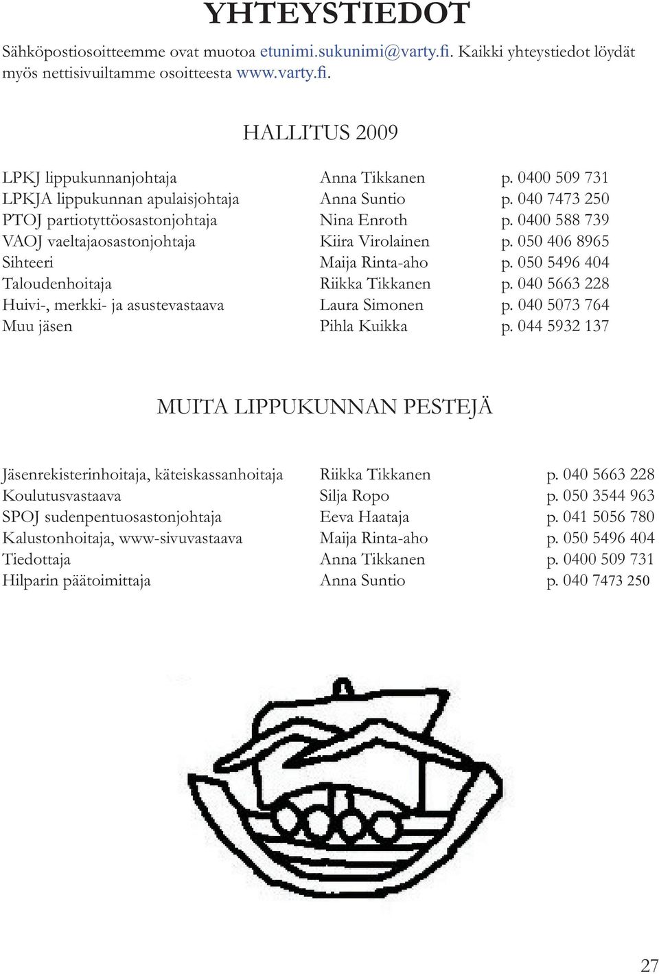 050 406 8965 Sihteeri Maija Rinta-aho p. 050 5496 404 Taloudenhoitaja Riikka Tikkanen p. 040 5663 228 Huivi-, merkki- ja asustevastaava Laura Simonen p. 040 5073 764 Muu jäsen Pihla Kuikka p.