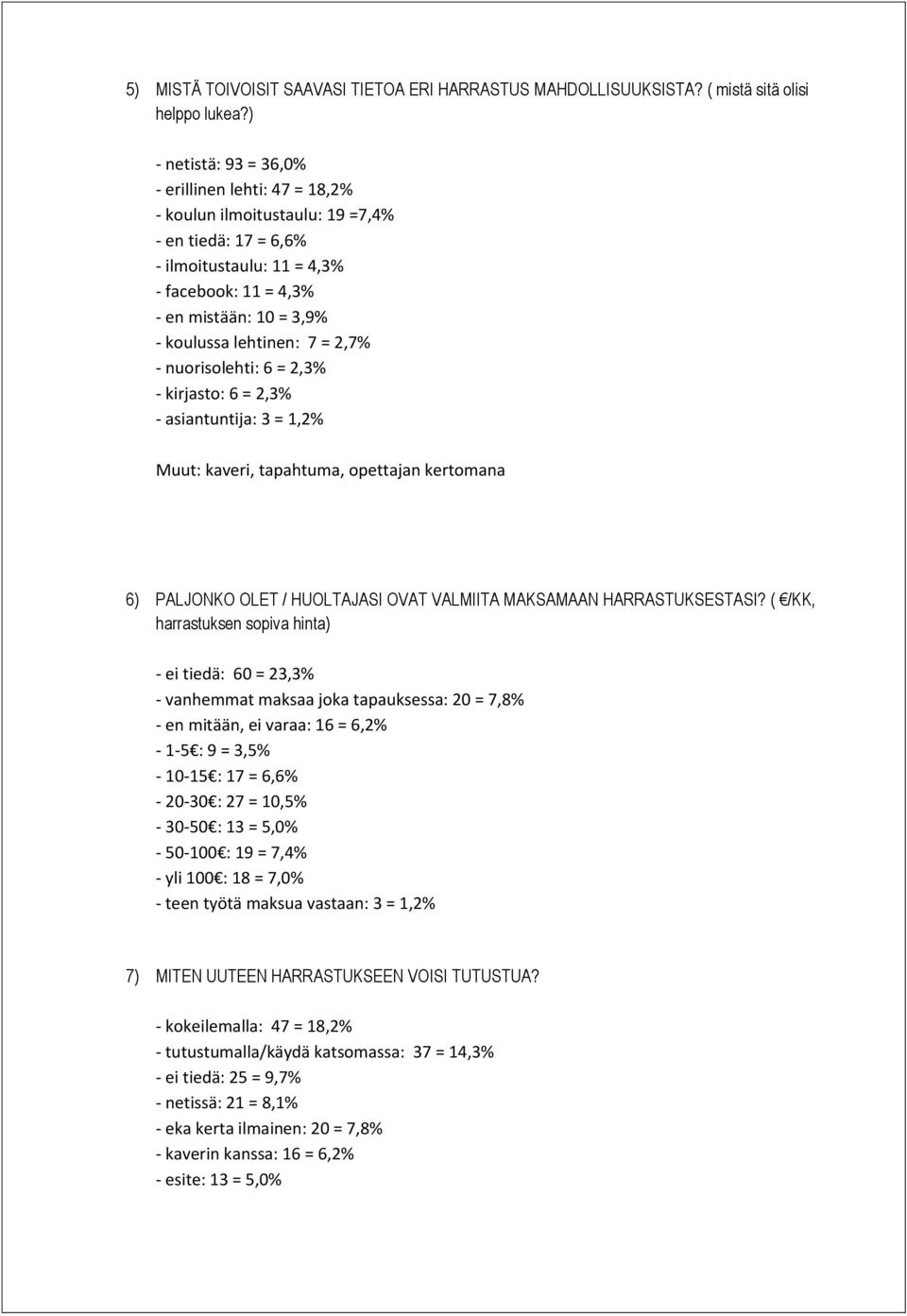 lehtinen: 7 = 2,7% - nuorisolehti: 6 = 2,3% - kirjasto: 6 = 2,3% - asiantuntija: 3 = 1,2% Muut: kaveri, tapahtuma, opettajan kertomana 6) PALJONKO OLET / HUOLTAJASI OVAT VALMIITA MAKSAMAAN