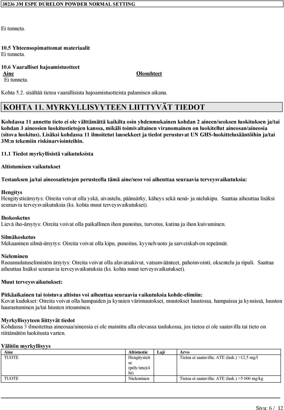 MYRKYLLISYYTEEN LIITTYVÄT TIEDOT Kohdassa 11 annettu tieto ei ole välttämättä kaikilta osin yhdenmukainen kohdan 2 aineen/seoksen luokituksen ja/tai kohdan 3 aineosien luokitustietojen kanssa, mikäli