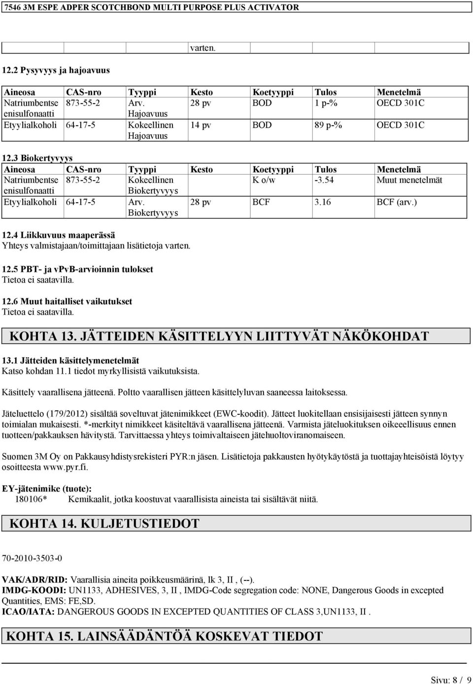 3 Biokertyvyys osa CAS-nro Tyyppi Kesto Koetyyppi Tulos Menetelmä Natriumbentse 873-55-2 Kokeellinen K o/w -3.54 Muut menetelmät enisulfonaatti Biokertyvyys Etyylialkoholi 64-17-5 Arv.