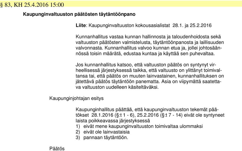 Jos kunnanhallitus katsoo, että valtuuston päätös on syntynyt virheellisessä järjestyksessä taikka, että valtuusto on ylittänyt toimivaltansa tai, että päätös on muuten lainvastainen,