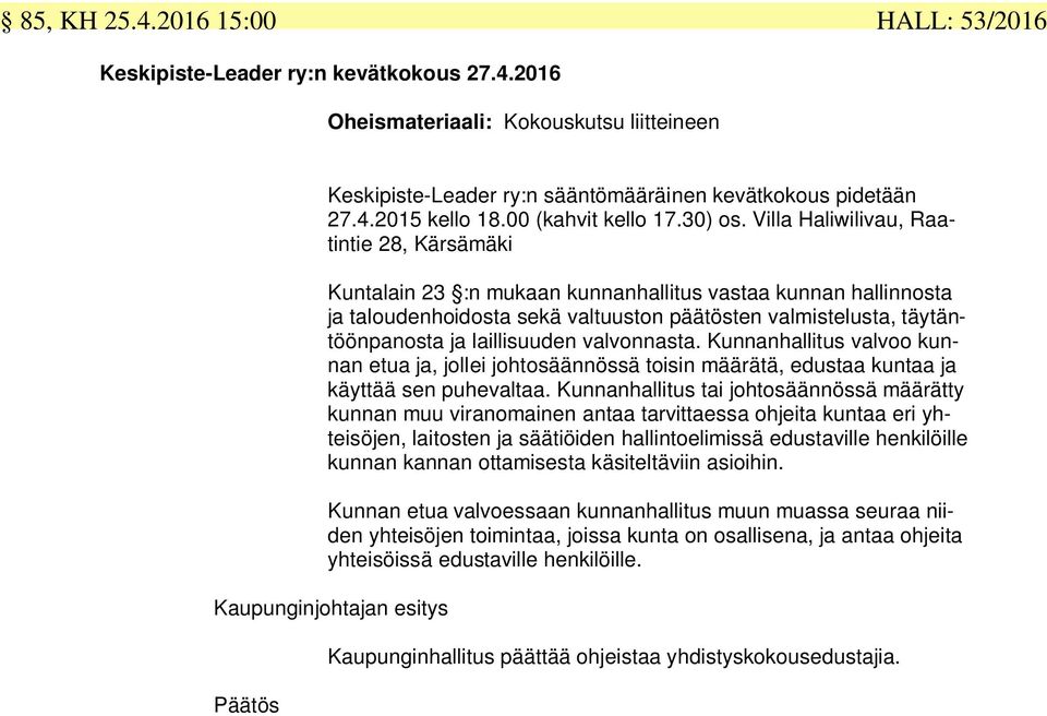 Villa Haliwilivau, Raatintie 28, Kärsämäki Kuntalain 23 :n mukaan kunnanhallitus vastaa kunnan hallinnosta ja taloudenhoidosta sekä valtuuston päätösten valmistelusta, täytäntöönpanosta ja