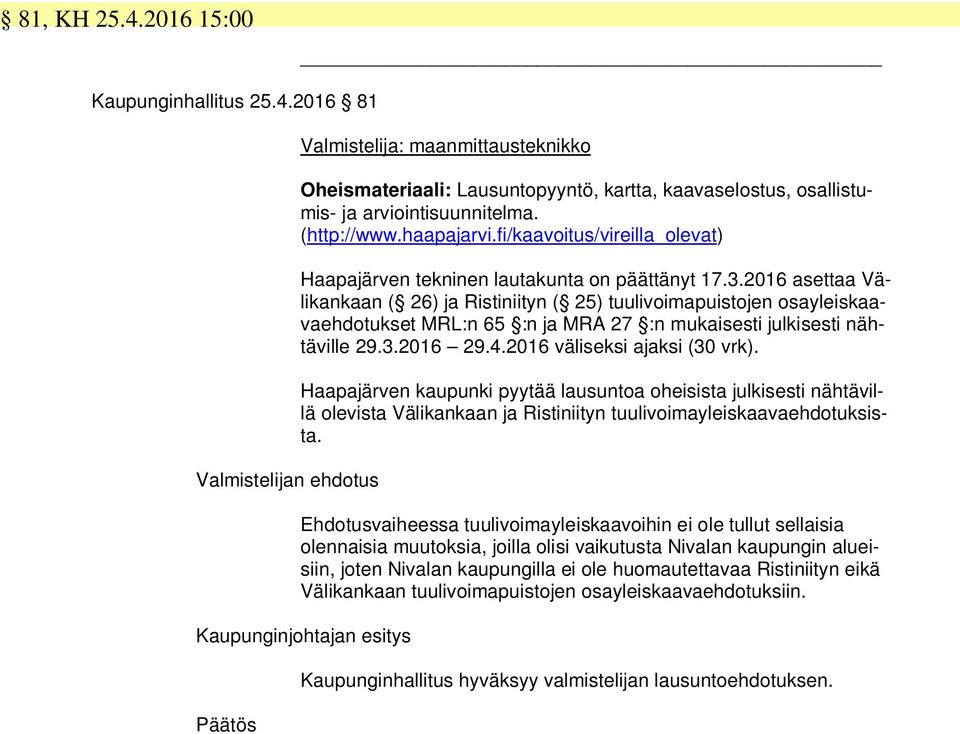 2016 asettaa Välikankaan ( 26) ja Ristiniityn ( 25) tuulivoimapuistojen osayleiskaavaehdotukset MRL:n 65 :n ja MRA 27 :n mukaisesti julkisesti nähtäville 29.3.2016 29.4.2016 väliseksi ajaksi (30 vrk).