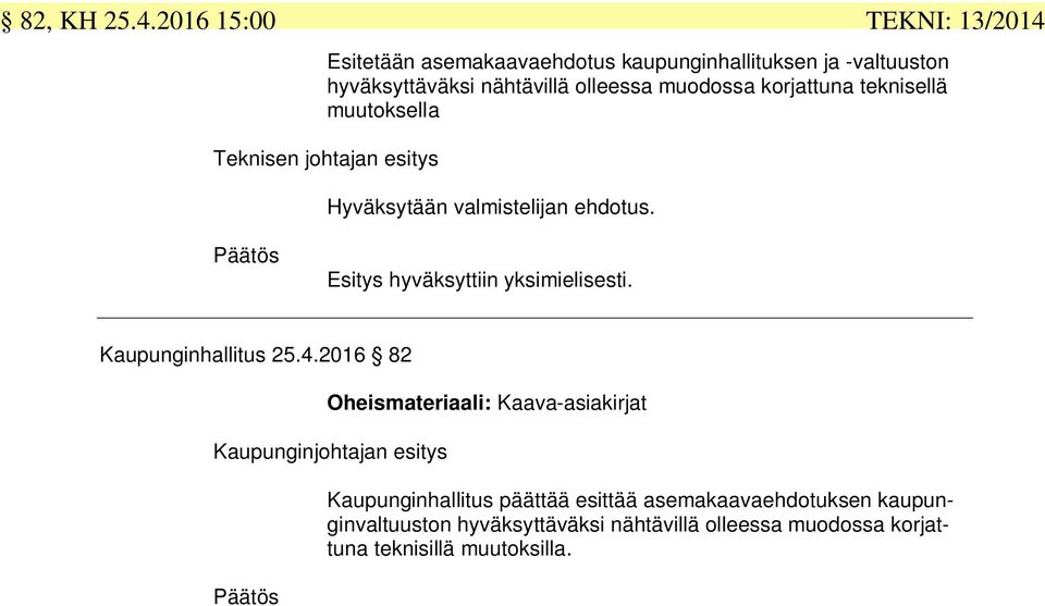 korjattuna teknisellä muutoksella TEKNI: 13/2014 Teknisen johtajan esitys Hyväksytään valmistelijan ehdotus.